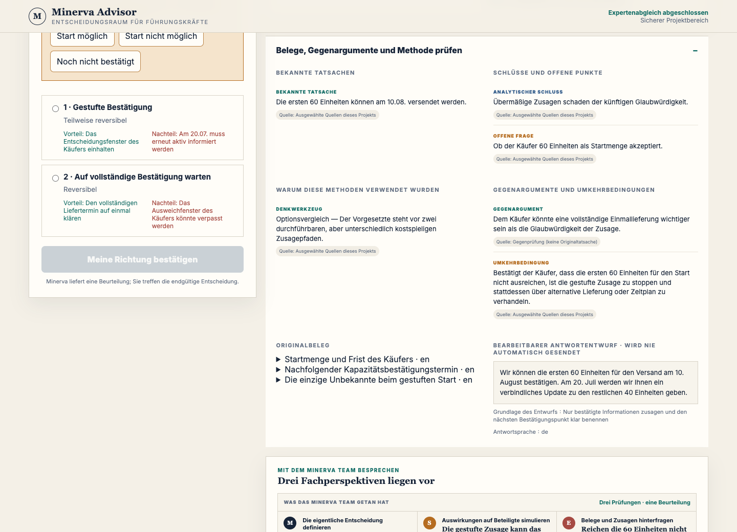 Minerva Evidenz und Umkehrbedingung vor der Entscheidung