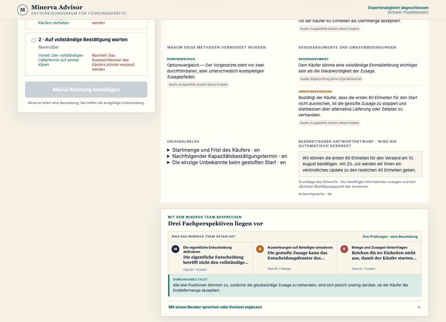 Minerva Advisor Decision Room mit drei Fachperspektiven in einer synthetischen Lieferentscheidung