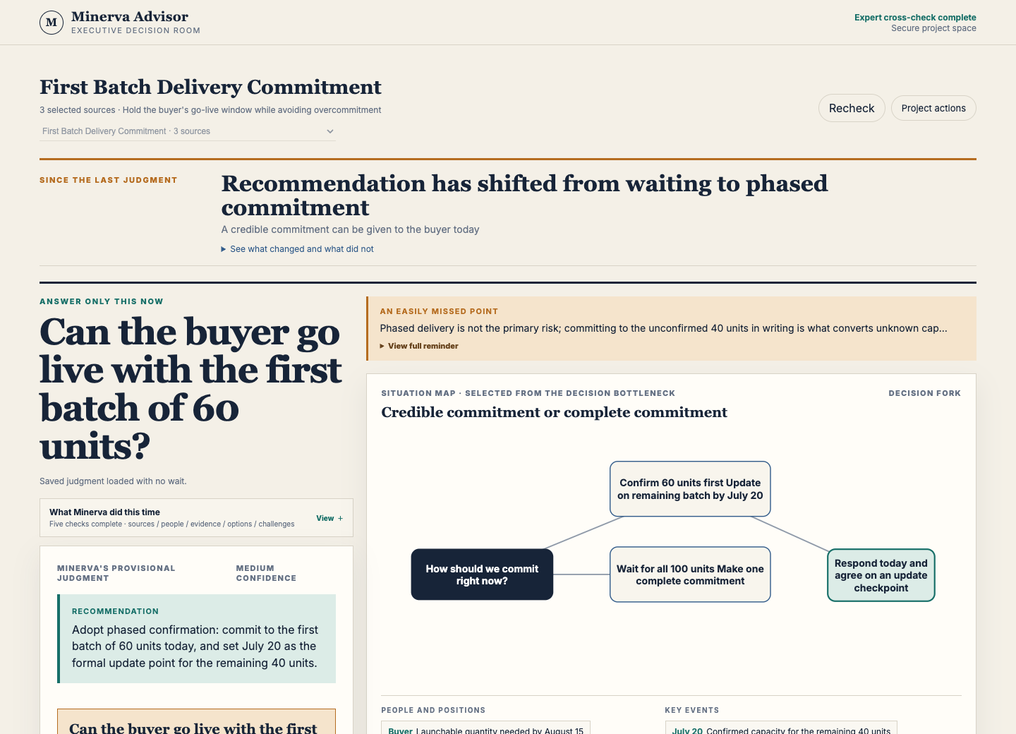 Minerva decision overview generated from a selected synthetic Gmail thread