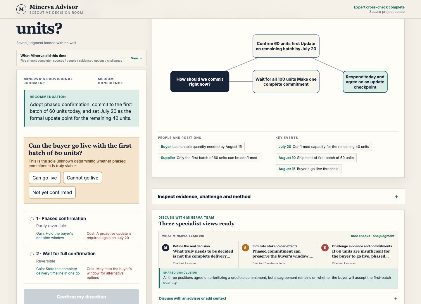 Minerva decision context with stakeholder positions and key events