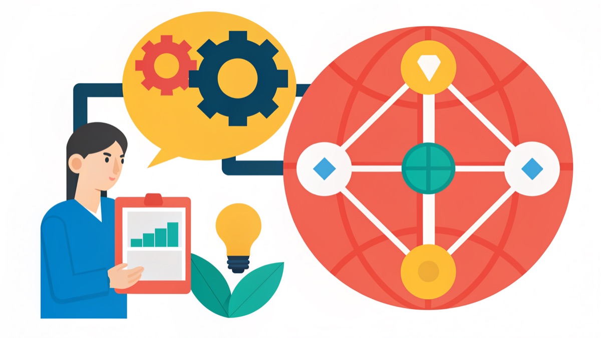 Illustration of people, information diagrams and decision options