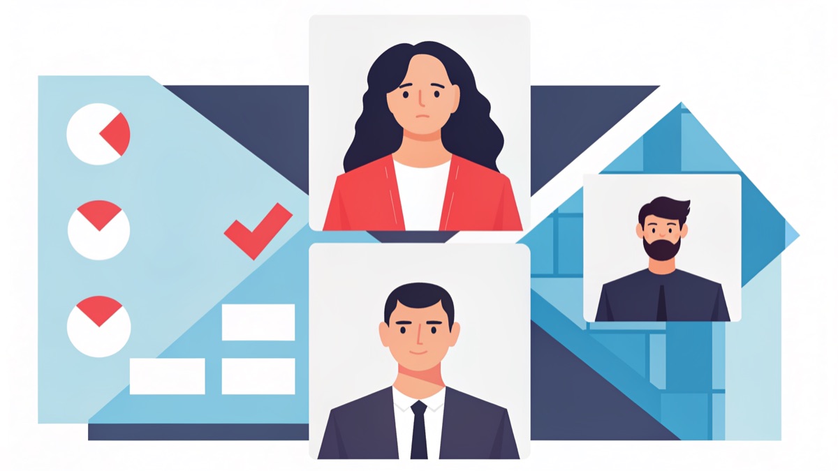 人物、情報の図解、意思決定の選択肢を描いたイラスト