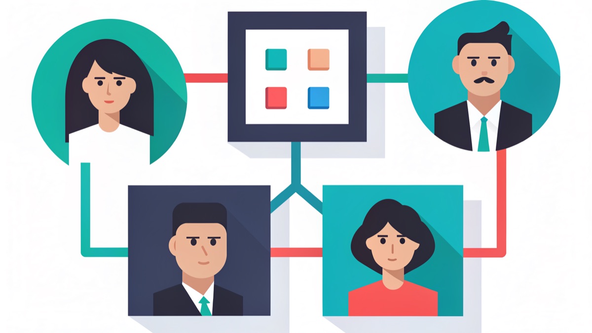 Illustration of people, information diagrams and decision options