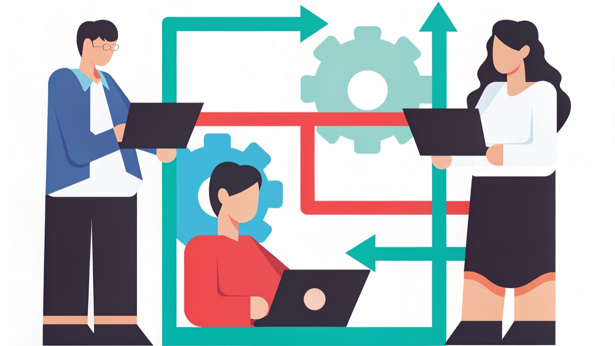 Illustration of people, information diagrams and decision options