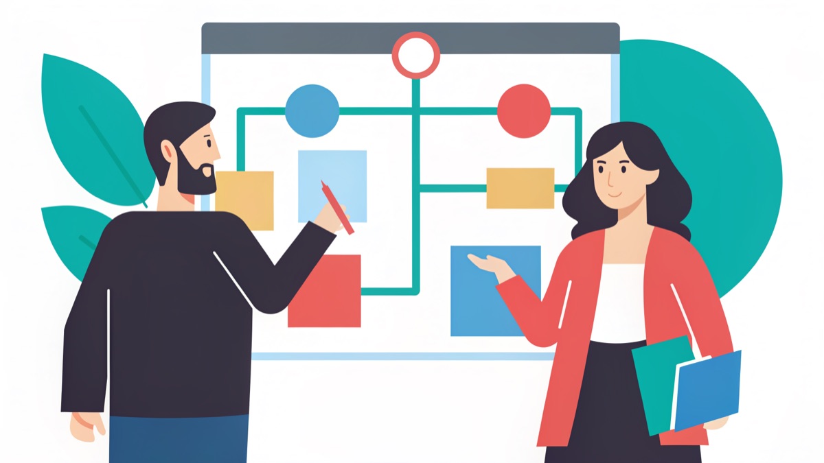 Illustration of people, information diagrams and decision options