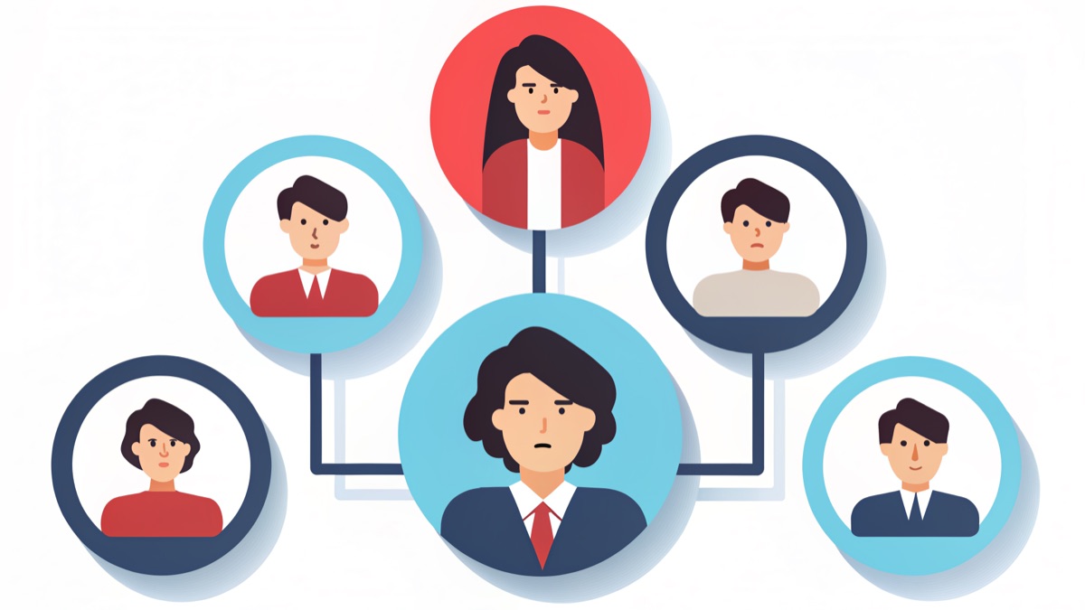 Illustration of people, information diagrams and decision options