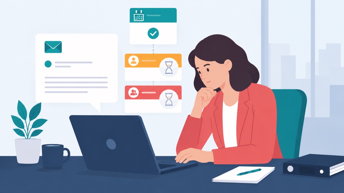 Illustration of a customer success manager reviewing email, timeline, and account-risk cards