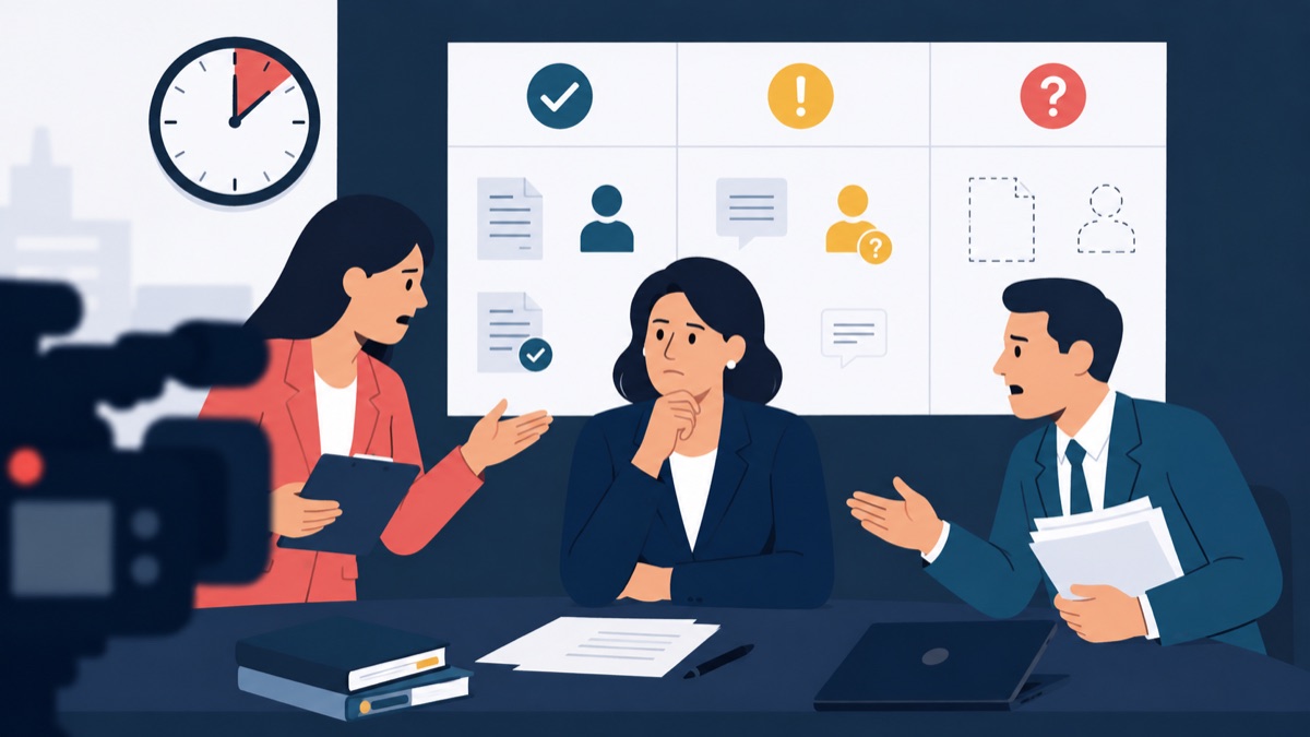Illustration of a policy team reviewing briefing materials, evidence cards, and decision trade-offs